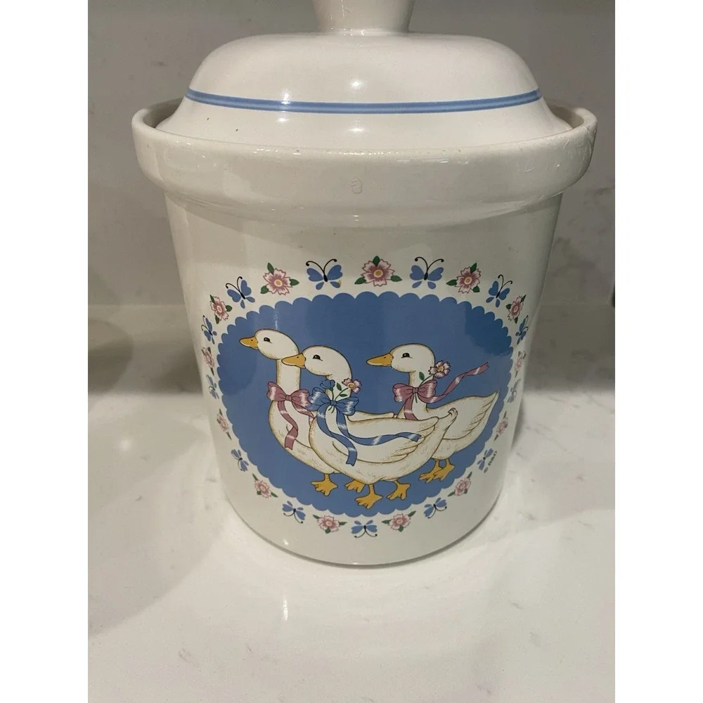 Vintage Ribbon Geese Treasure Craft USA Canister Set 3 Ceramic Farmhouse Country